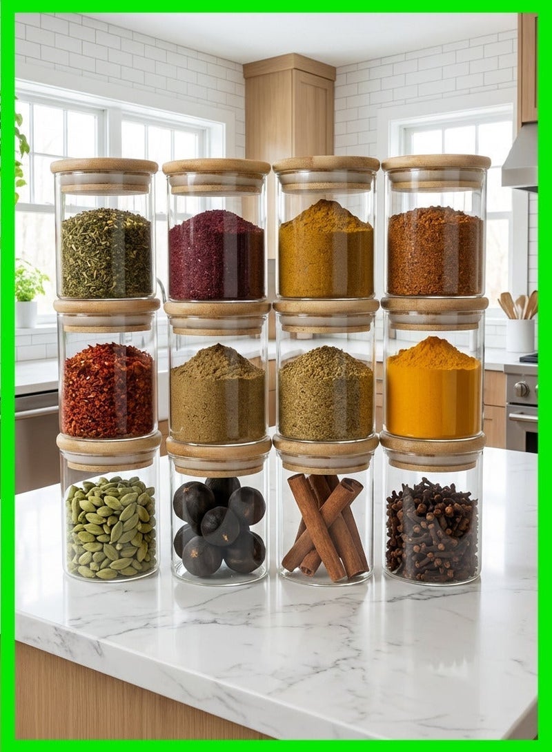 ياهـ برطمنات توابل زجاجية فاخرة محكمة الإغلاق من YAH، ١٢ قطعة، بأغطية من الخيزران - حاويات تخزين فائقة الشفافية من البورسليكات، مقاومة للرطوبة، قابلة للتكديس، مناسبة للمطبخ، والمخزن، والأعشاب، ومستلزمات الحمام. - Image 1